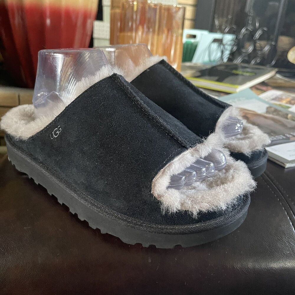 UGG Greenport Slide Black Suede Sheepskin Slippers Women’s Size 10 #1167610